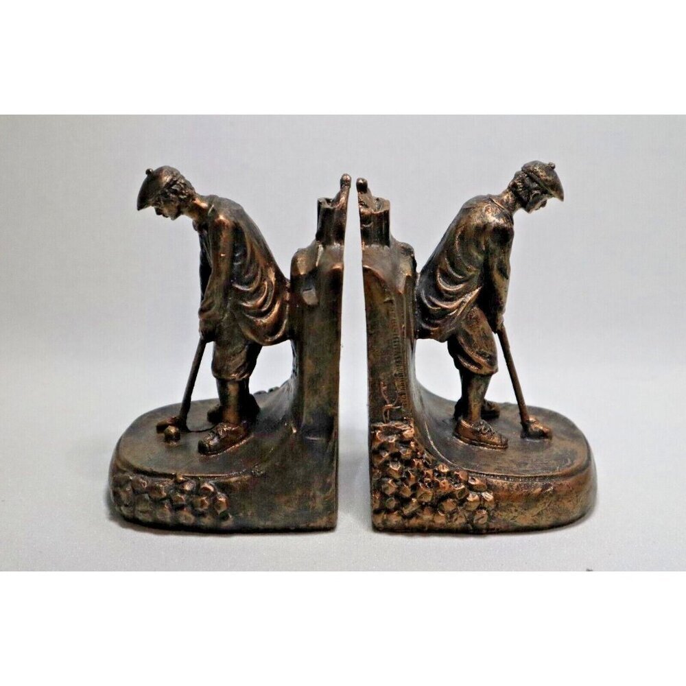 Vintage Man playing Golf Brushed copper look  book ends (3A)